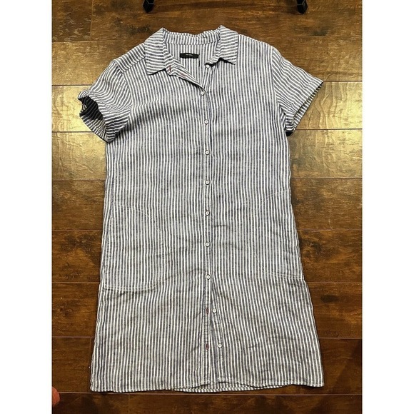 Tahari Womens 100% Linen Boho Striped Beachie T-Shirt Button Down Dress READ - Picture 1 of 6